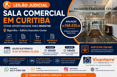 Leilão Judicial em Curitiba: Sala Comercial no Bigorrilho será leiloada em setembro de 2026